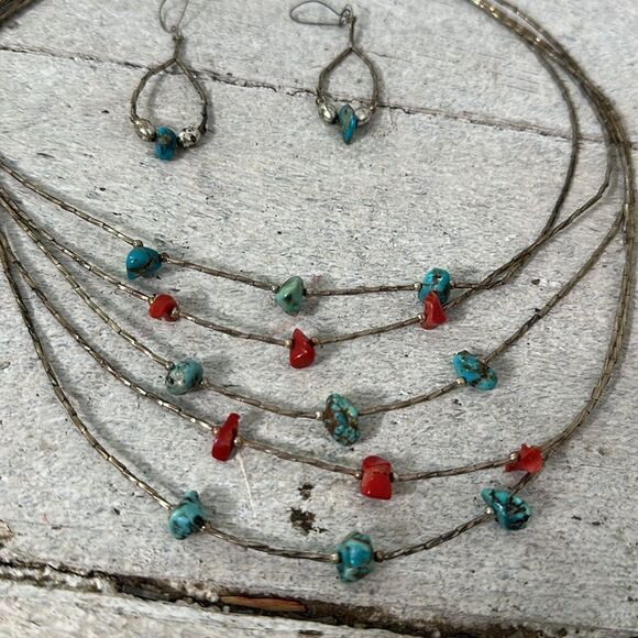 Vintage Sterling Layered Necklace With Turquoise Chunk Accents With Earrings - Picture 2 of 6
